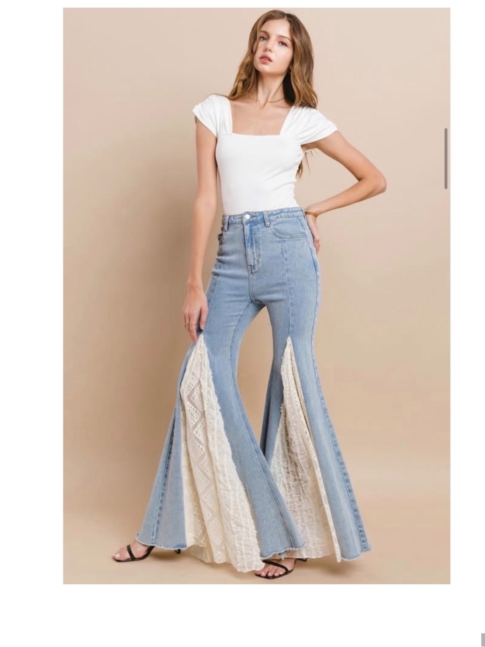 Light Blue Lace-Insert High-Rise Flared Jeans - Women